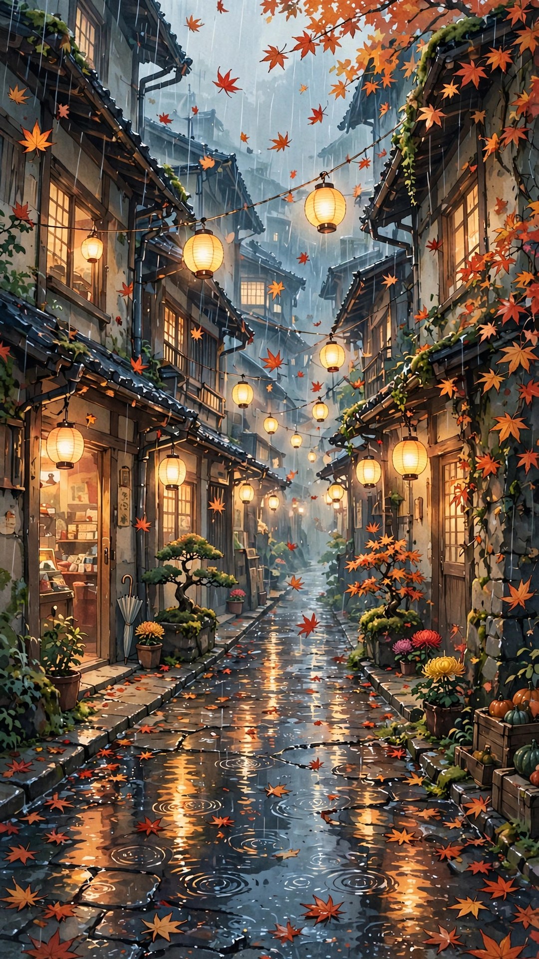 Rainy Autumn Anime Alley Wallpaper — Free Anime Wallpaper
