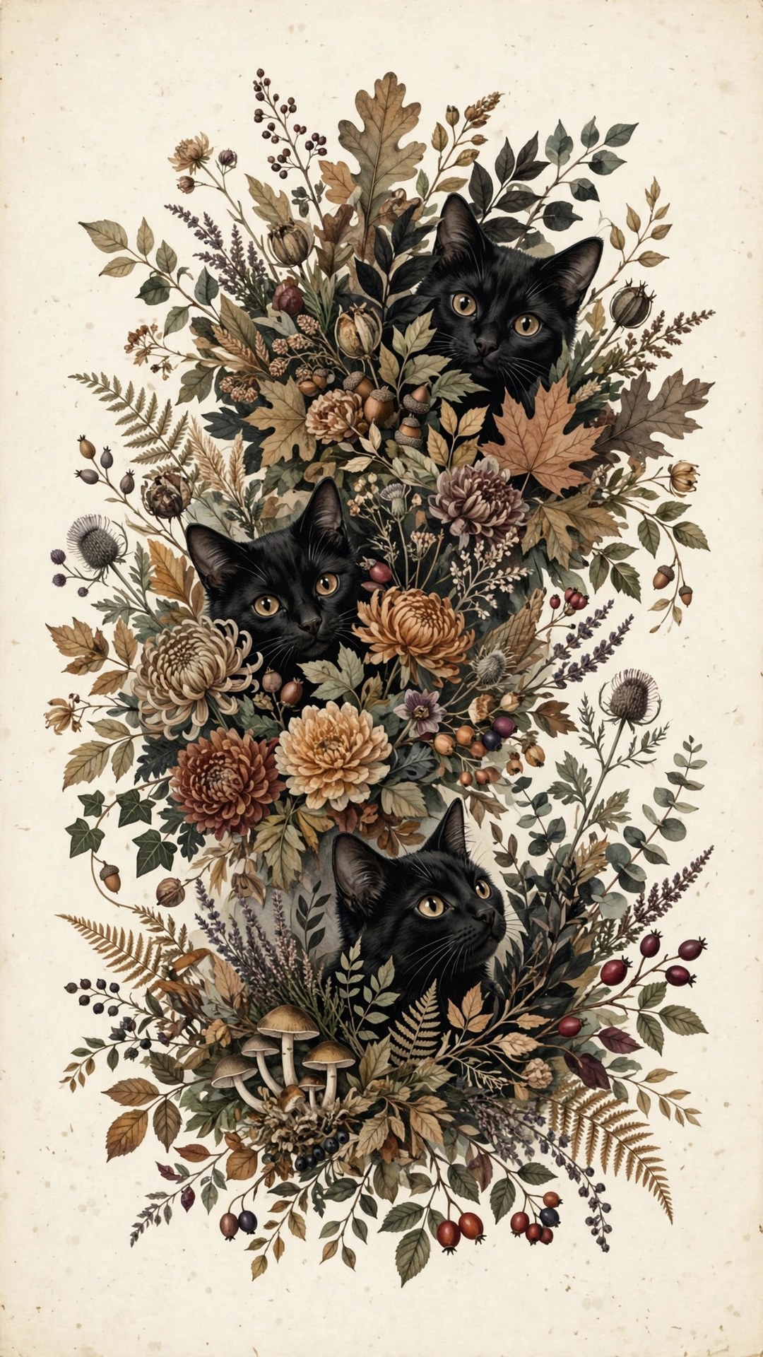 Black Cats Among Autumn Blooms Wallpaper — Free Botanical Wallpaper