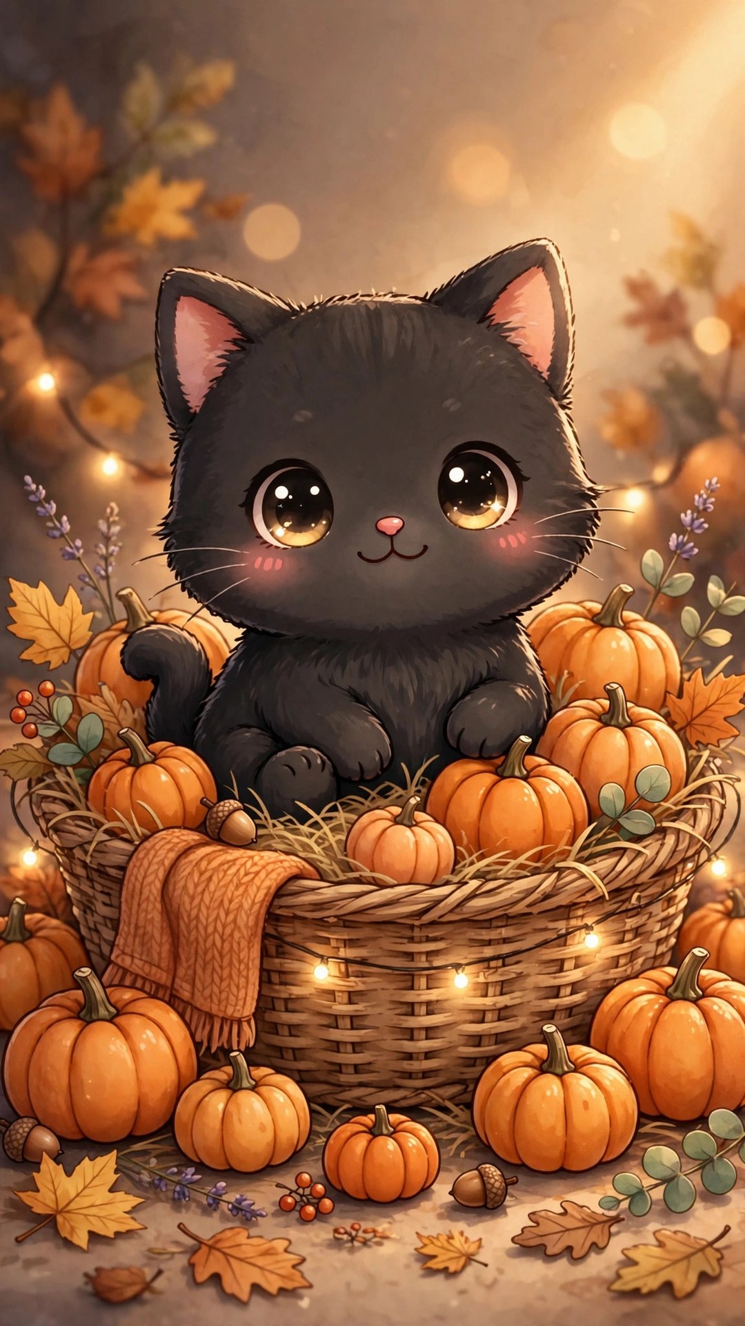 Black Cat in Pumpkin Basket Wallpaper — Free Animals Wallpaper