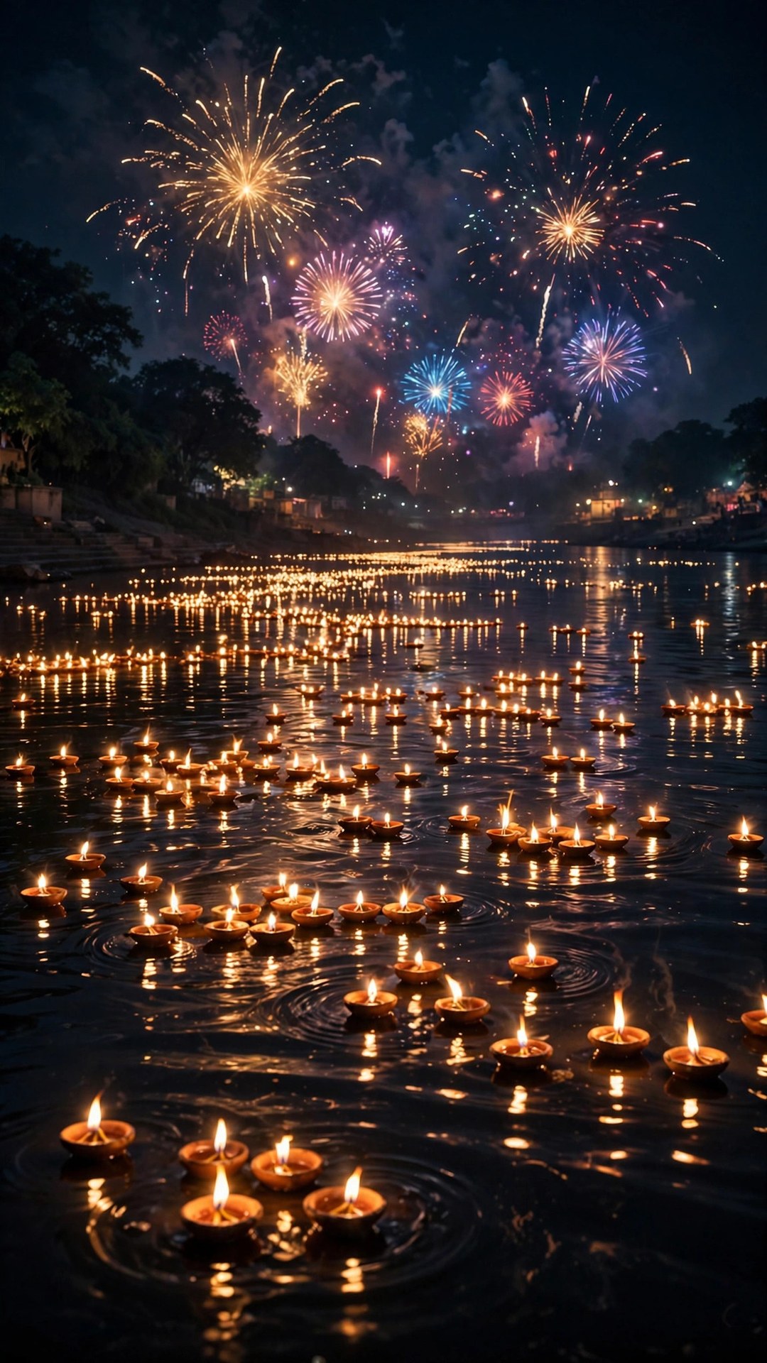 Floating Diyas on the River Diwali Wallpaper — Free Seasonal Wallpaper