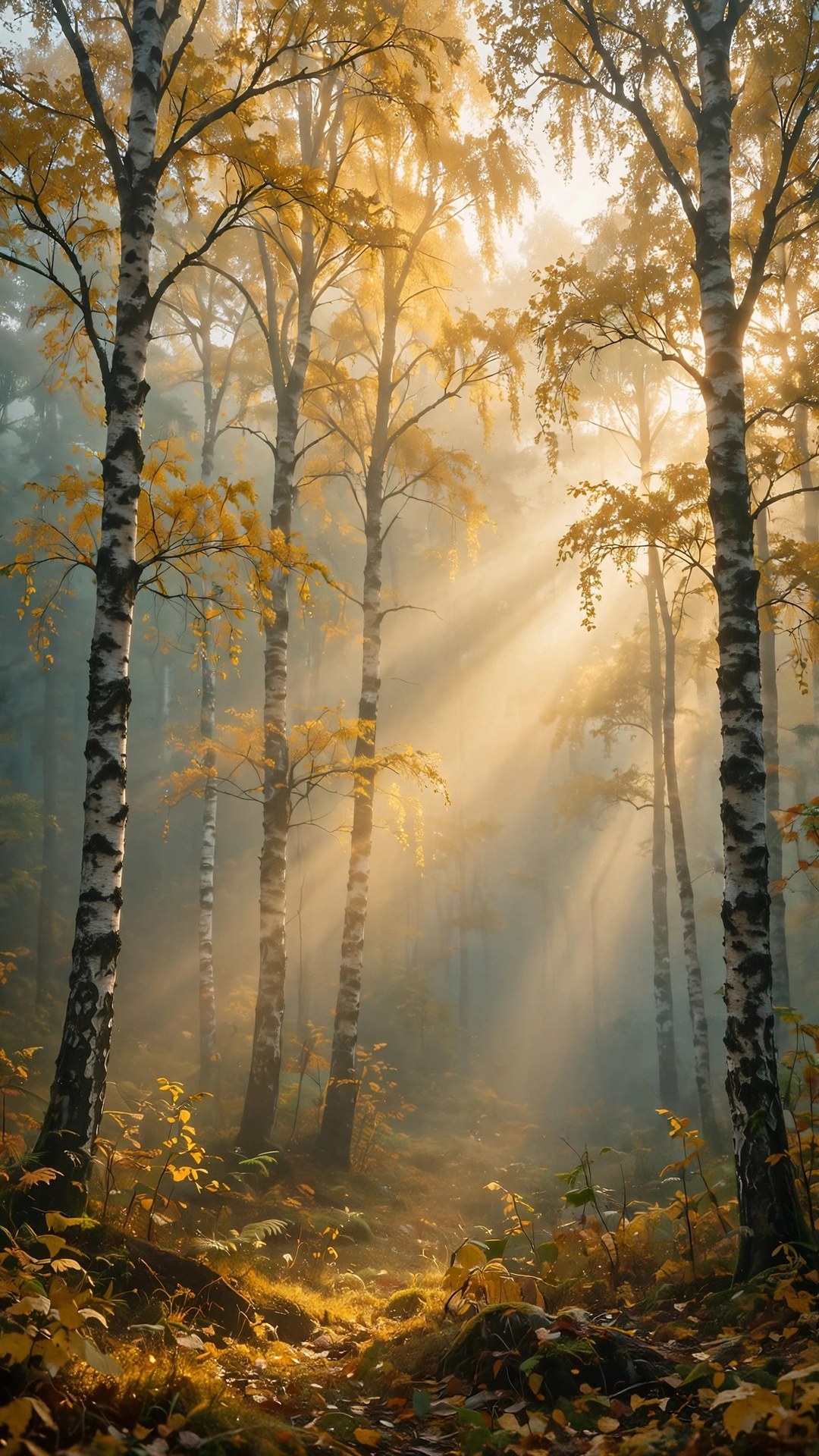 Golden Birch Forest in Fog Wallpaper — Free Nature Wallpaper