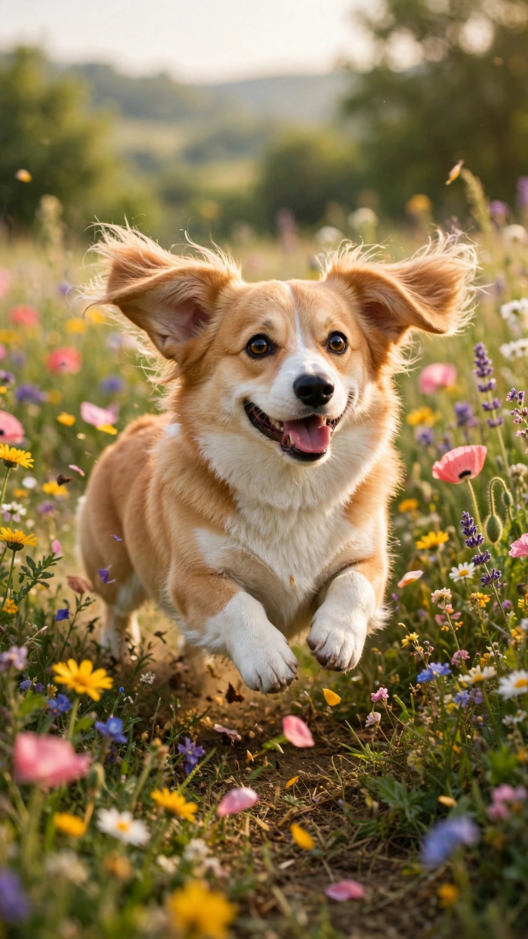 Happy Corgi in Flower Field Wallpaper — Free Animals Wallpaper