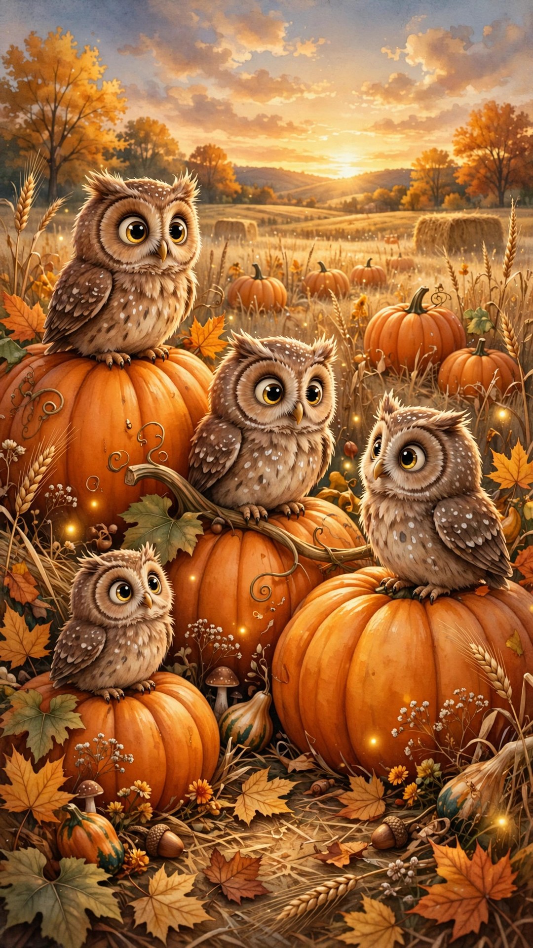 Harvest Owls in Pumpkin Field Wallpaper — Free Nature Wallpaper