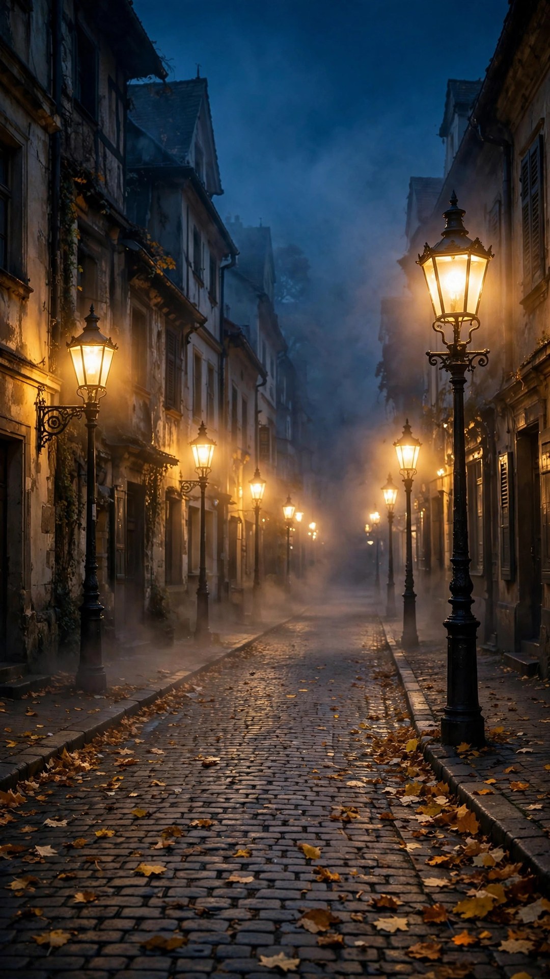 Lamplit Cobblestone Street October Wallpaper — Free Architecture Wallpaper