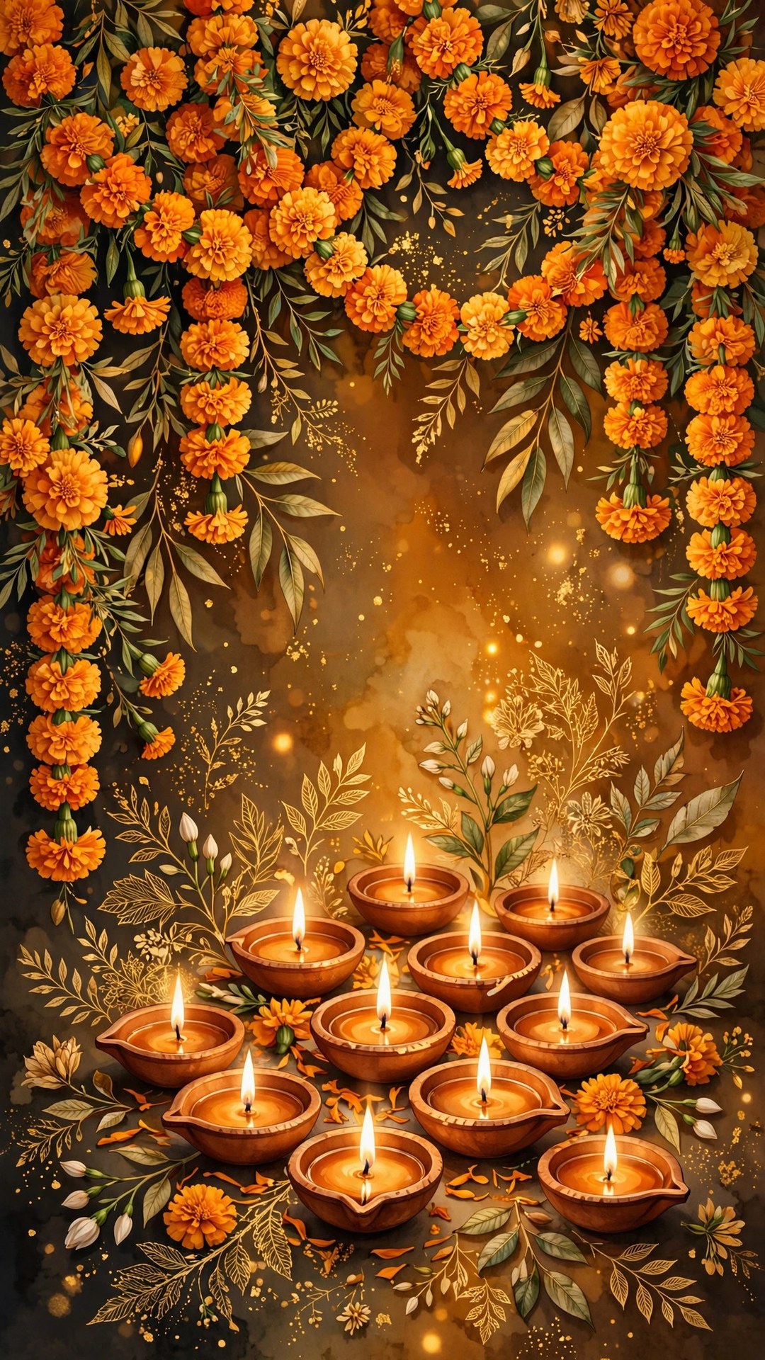 Marigold and Diya Glow Wallpaper — Free Botanical Wallpaper