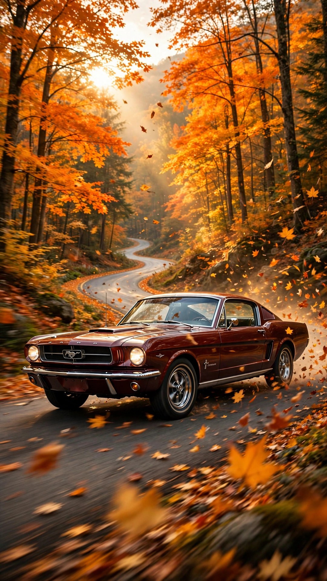 Mustang on Autumn Forest Road Wallpaper — Free Cars Wallpaper