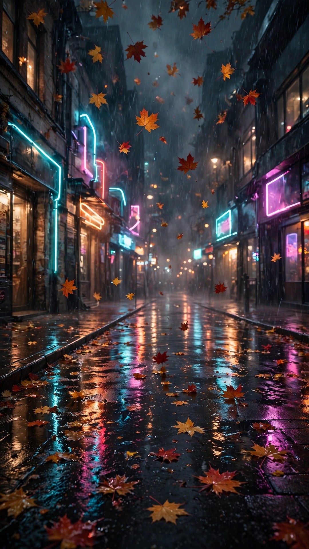 Neon Rain Autumn Street Wallpaper — Free Architecture Wallpaper