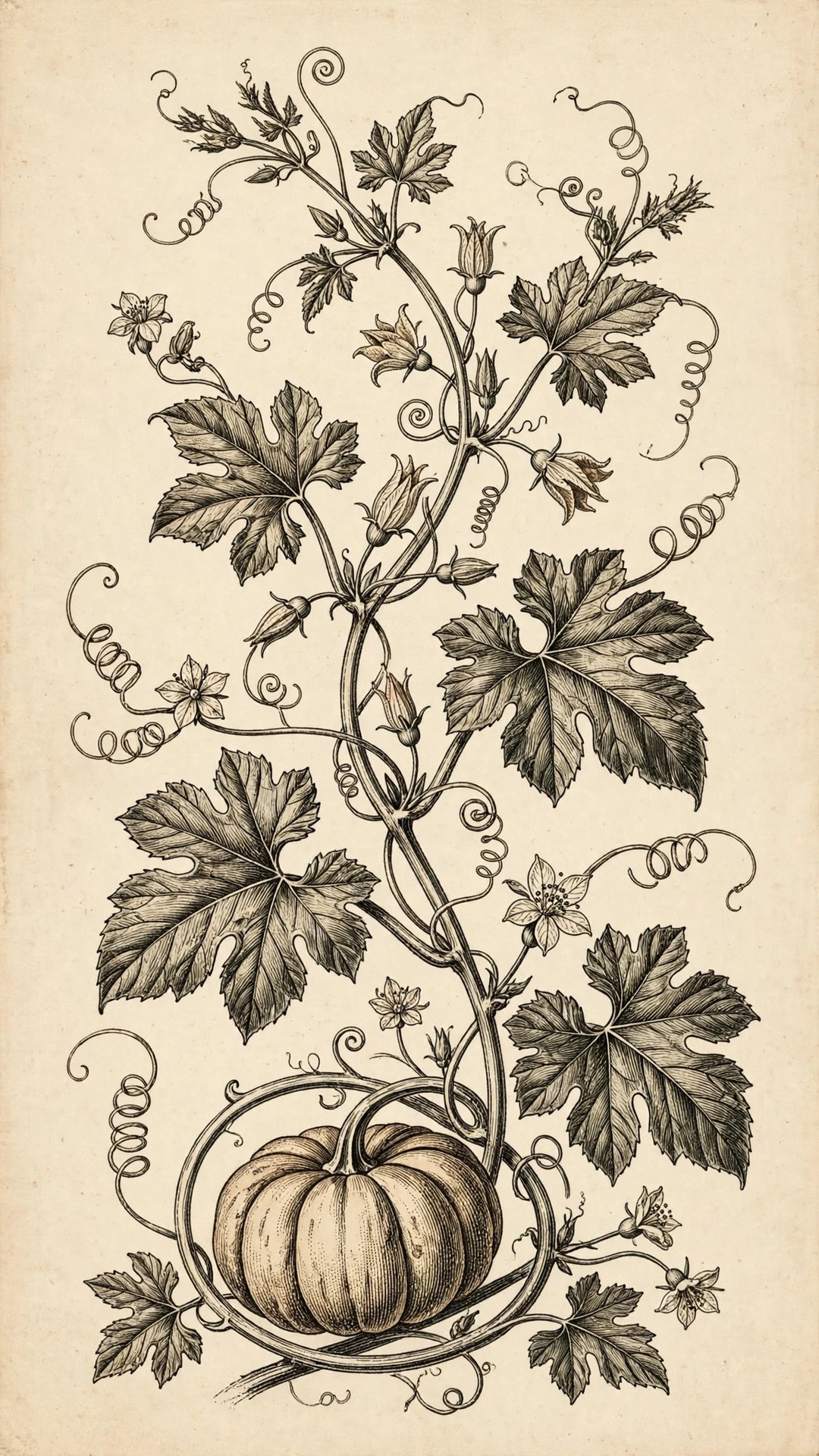 Pumpkin Vine Botanical Illustration Wallpaper — Free Botanical Wallpaper