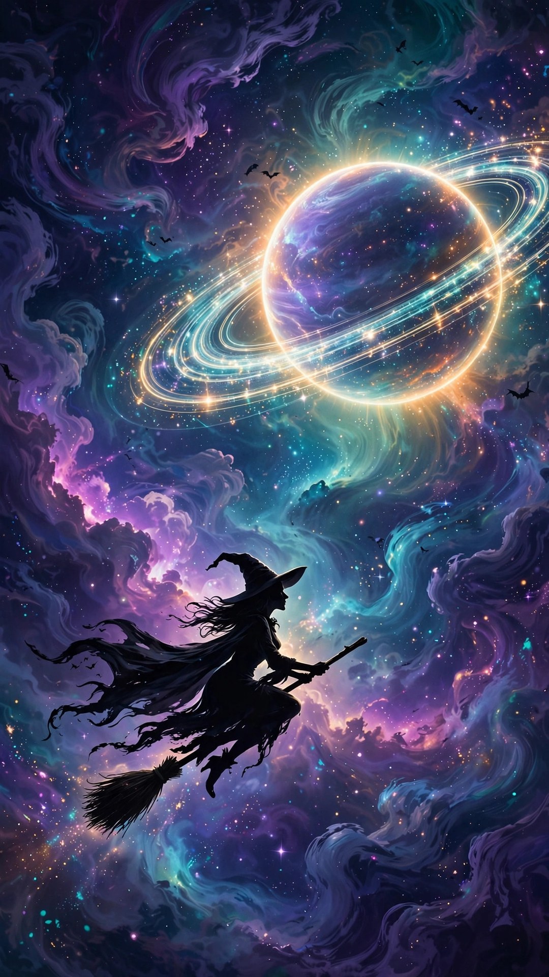 Witch Flying Past Ringed Planet Wallpaper — Free Space Wallpaper